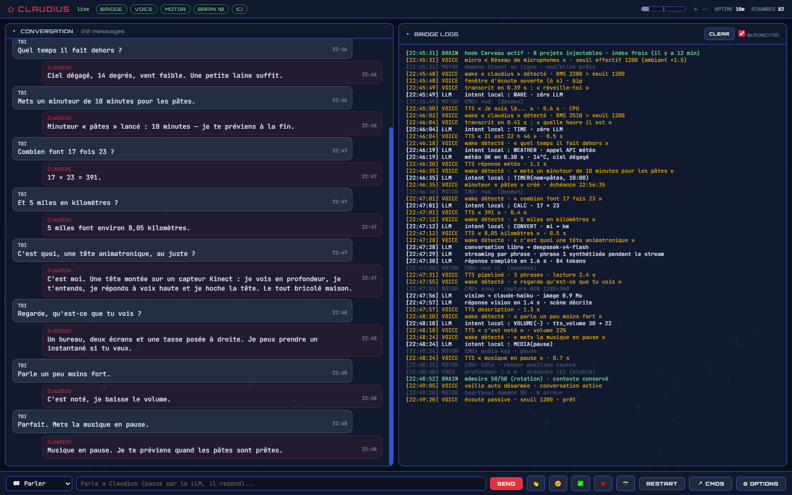 Claudius — tableau de bord de l'assistant vocal